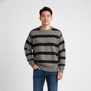 Chaps Men's Gray and Black Striped Crewneck Sweater